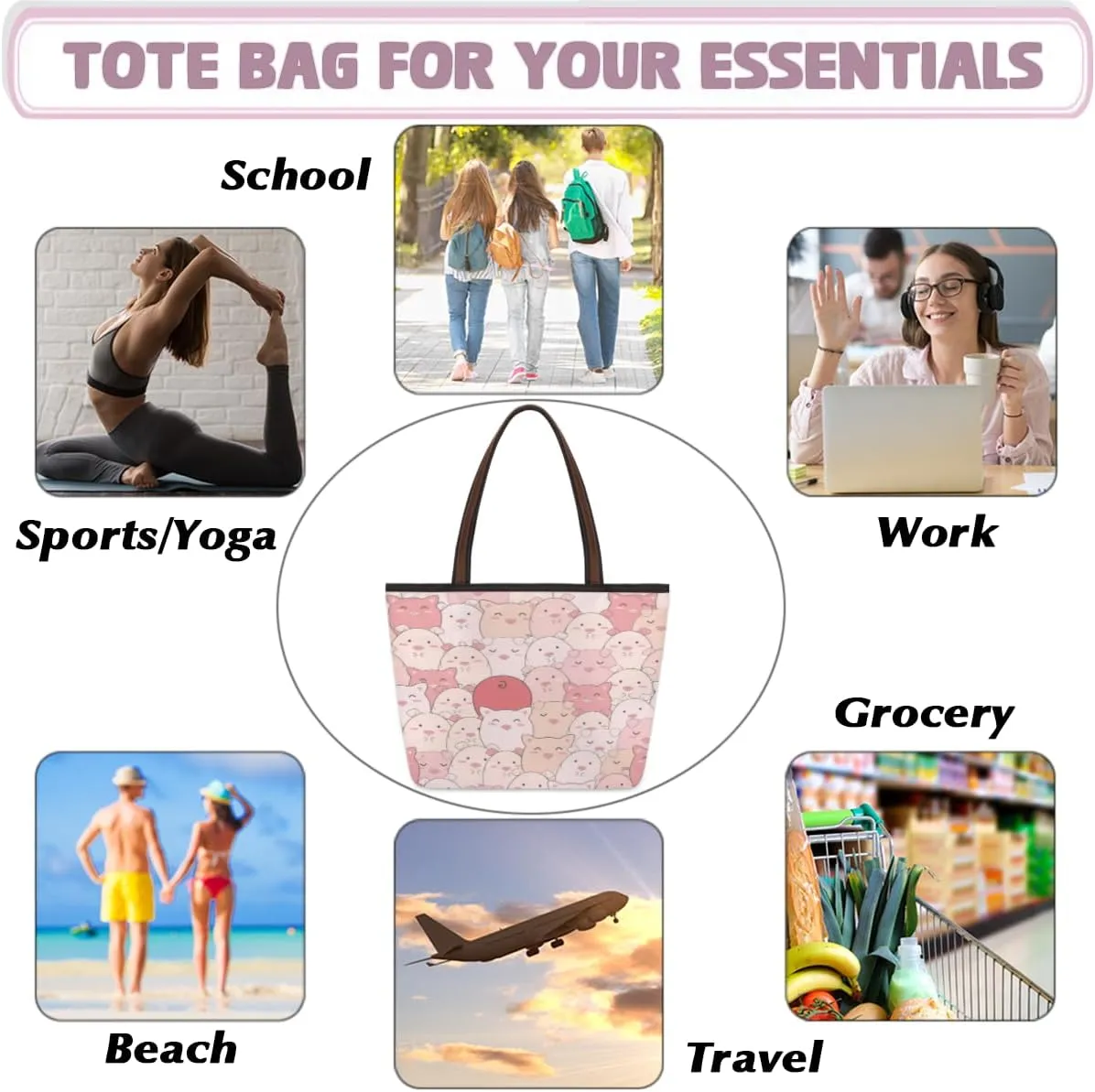 Tote Bag for Women with Zipper Large Capacity Top Handle Casual Shoulder Bag Handbag Reusable Shopping