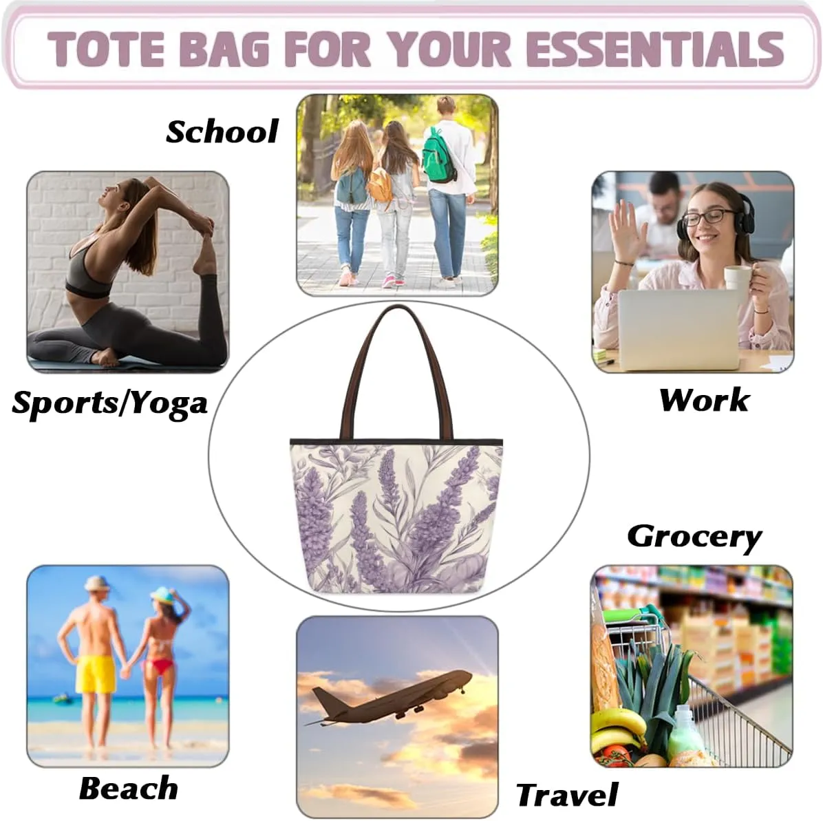 Tote Bag for Women with Zipper Large Capacity Top Handle Casual Shoulder Bag Handbag Reusable Shopping