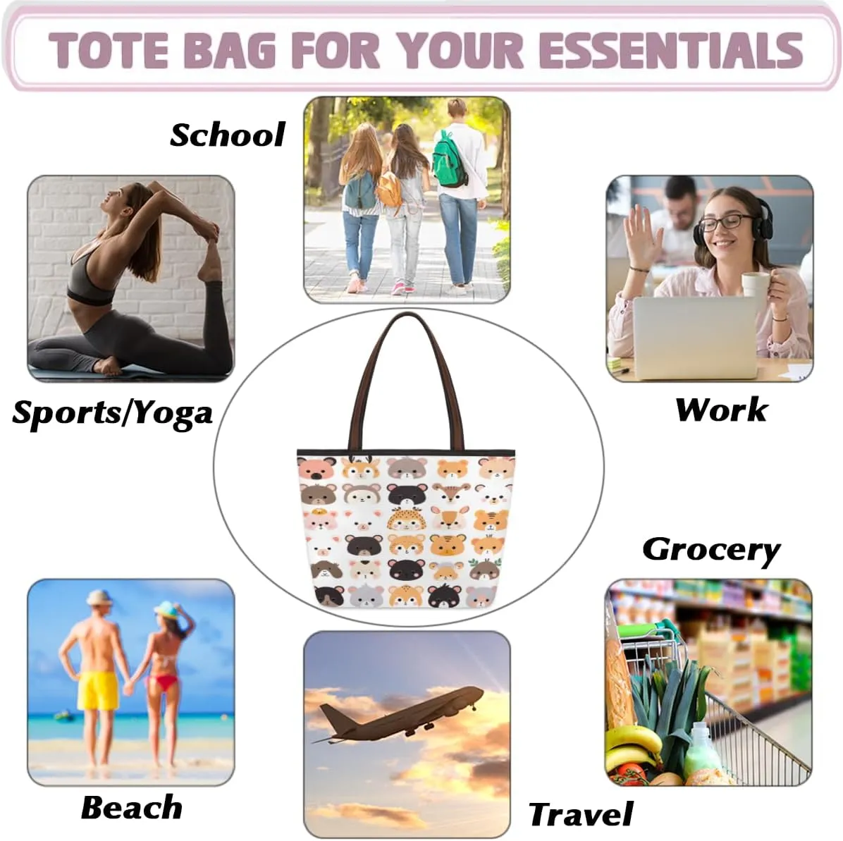 Tote Bag for Women with Zipper Large Capacity Top Handle Casual Shoulder Bag Handbag Reusable Shopping
