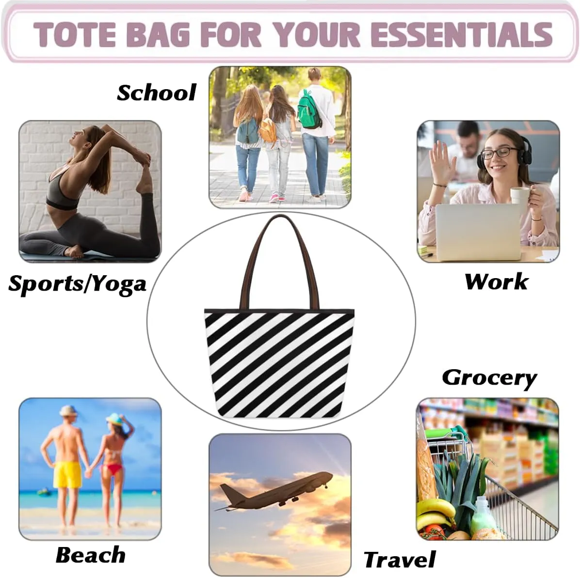 Tote Bag for Women with Zipper Large Capacity Top Handle Casual Shoulder Bag Handbag Reusable Shopping