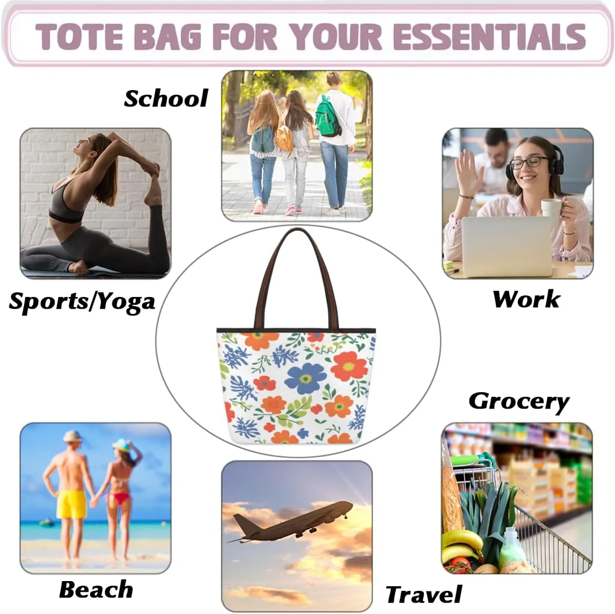 Tote Bag for Women with Zipper Large Capacity Top Handle Casual Shoulder Bag Handbag Reusable Shopping