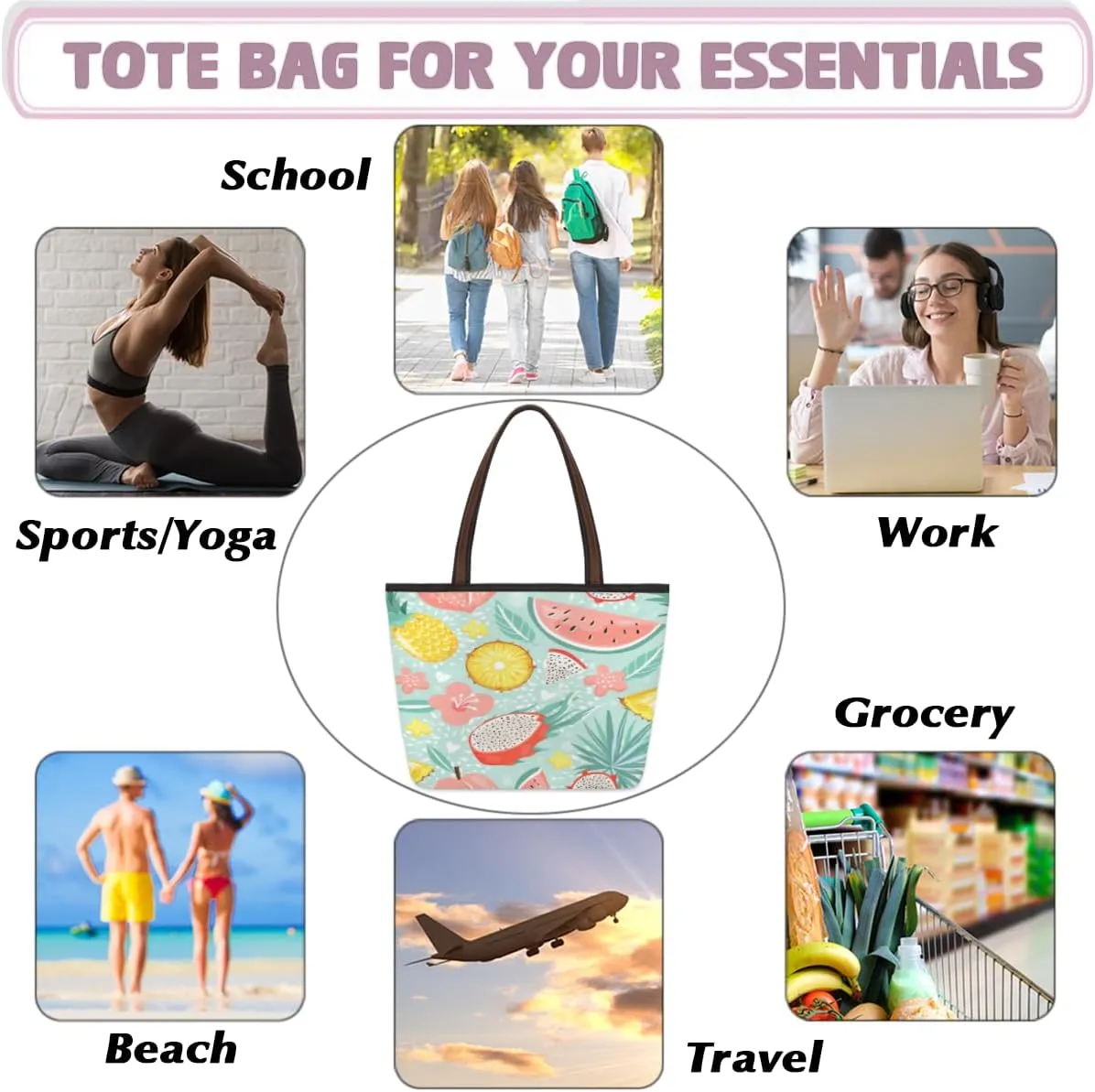 Tote Bag for Women with Zipper Large Capacity Top Handle Casual Shoulder Bag Handbag Reusable Shopping