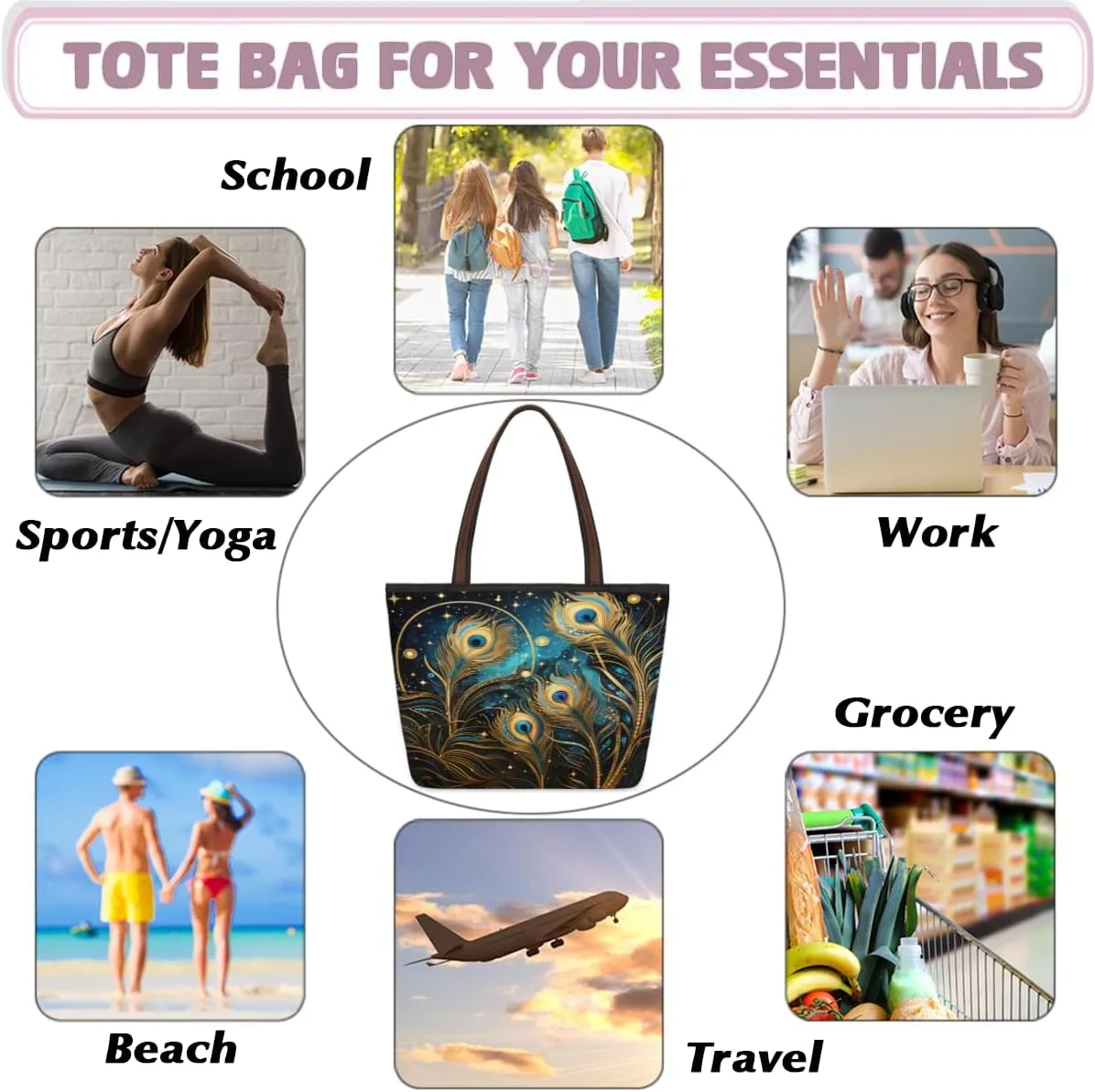 Tote Bag for Women with Zipper Large Capacity Top Handle Casual Shoulder Bag Handbag Reusable Shopping