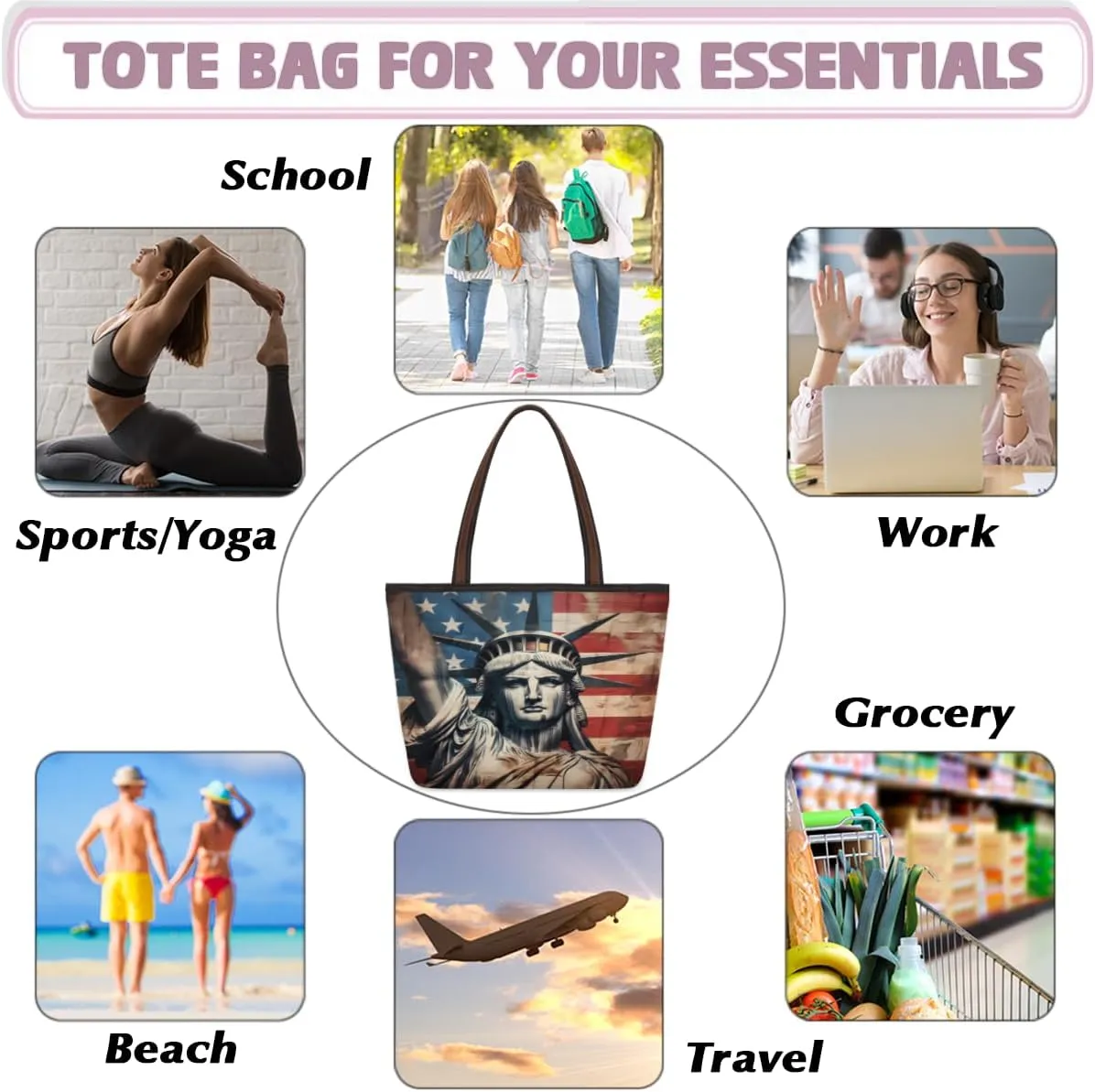 Tote Bag for Women with Zipper Large Capacity Top Handle Casual Shoulder Bag Handbag Reusable Shopping