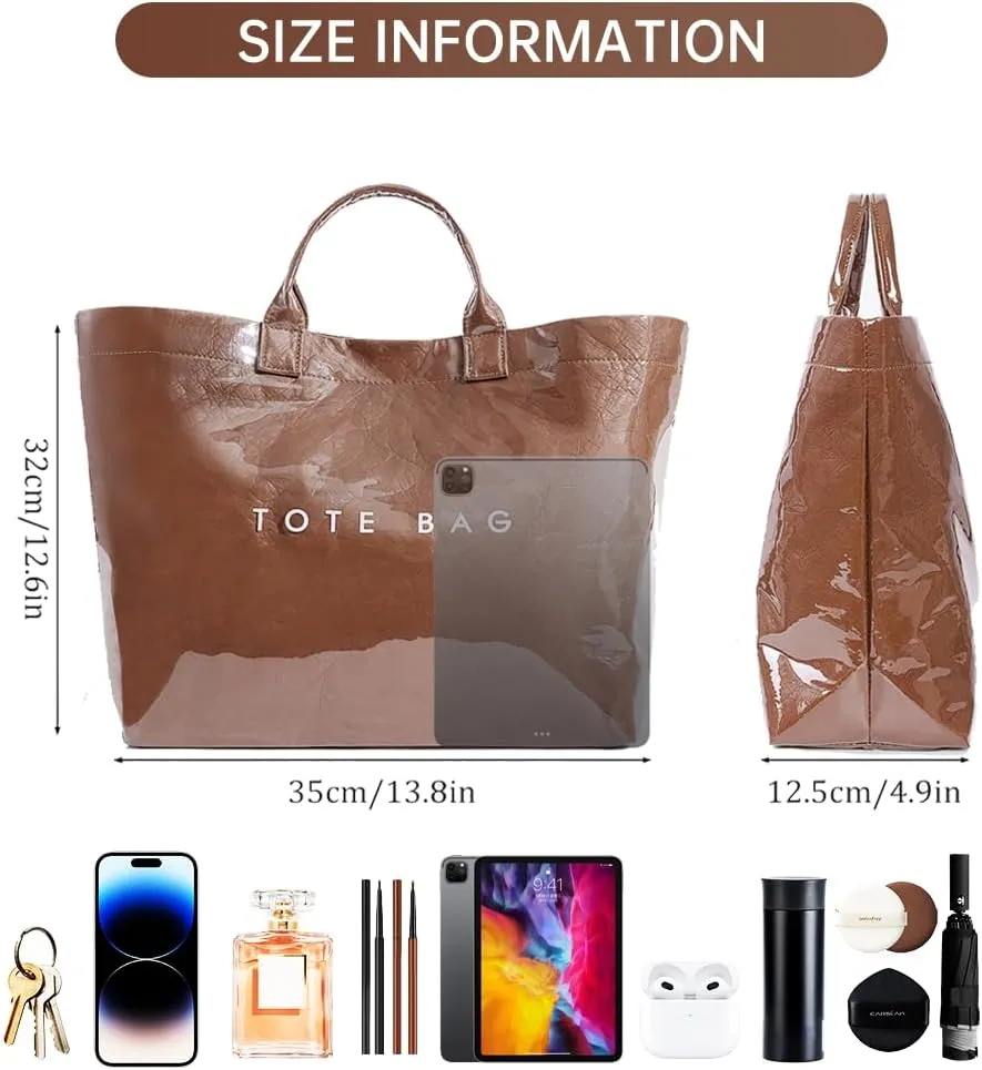 Tote Bag for Women,Large Work Tote Bag Clear Plastic Handbag PVC Letter Printed Bag Kraft Paper Hobo Bag with Handle