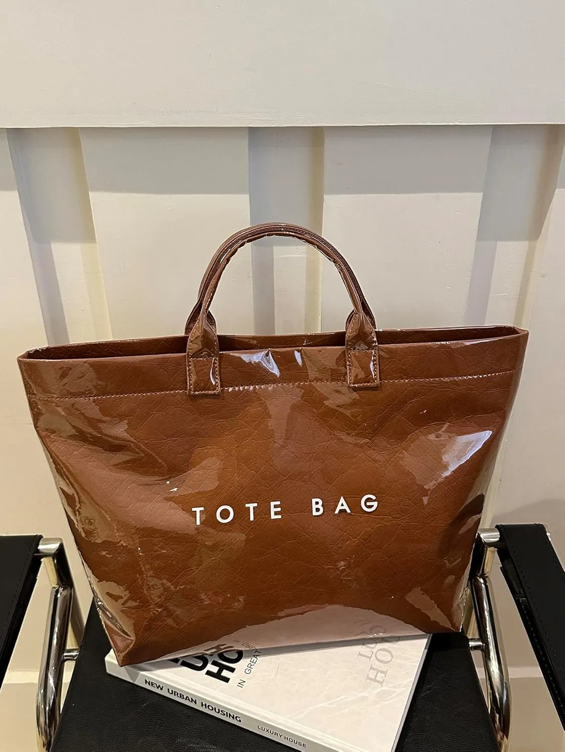 Tote Bag for Women,Large Work Tote Bag Clear Plastic Handbag PVC Letter Printed Bag Kraft Paper Hobo Bag with Handle