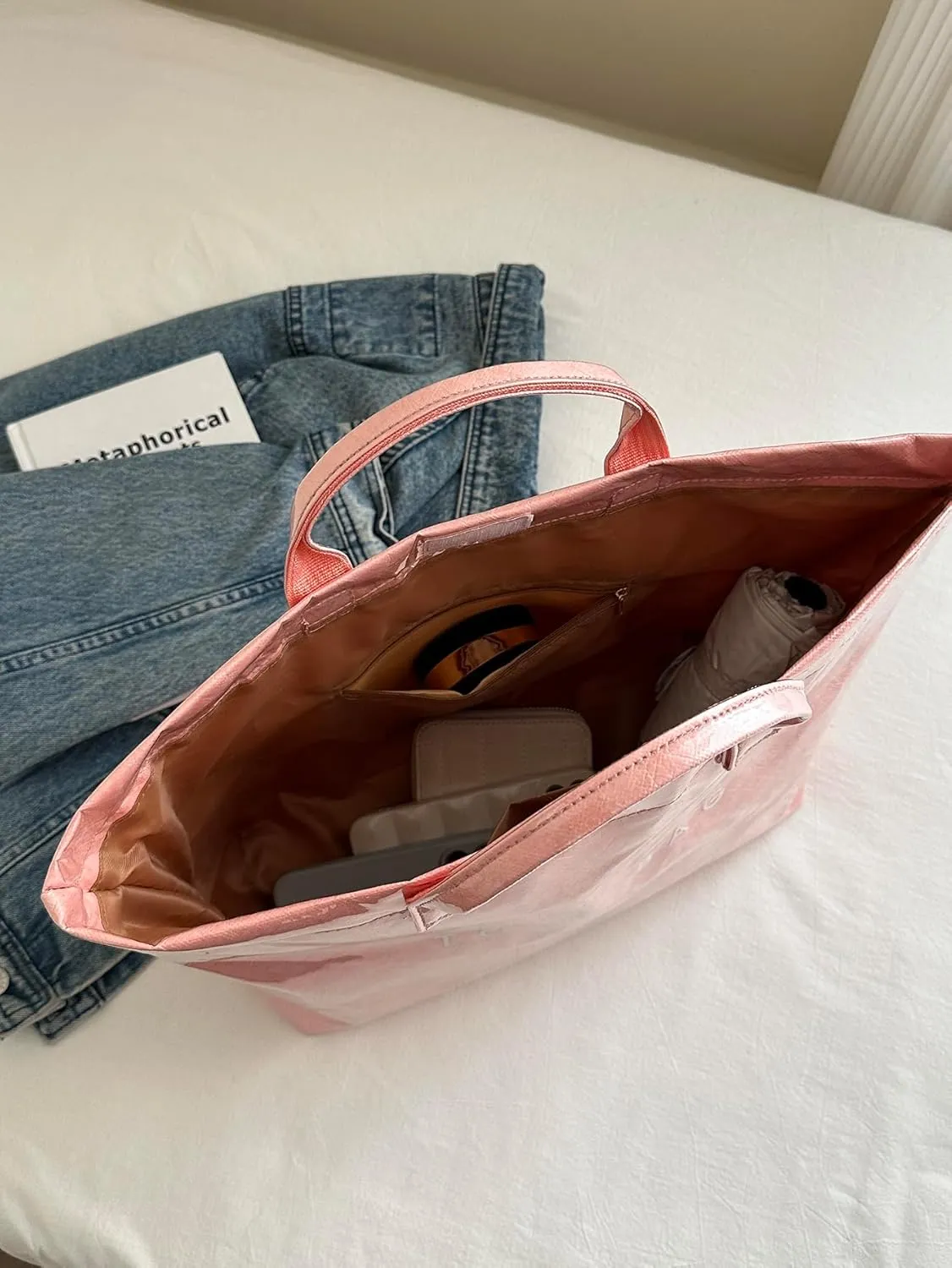 Tote Bag for Women,Large Work Tote Bag Clear Plastic Handbag PVC Letter Printed Bag Kraft Paper Hobo Bag with Handle