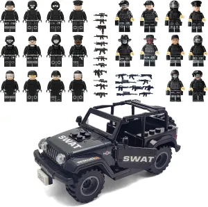 Toysvill SWAT Military Police Building Block Set for Kids | SUV   Soldiers Minifigures (22 PCS) with Weapons and Accessories Gift