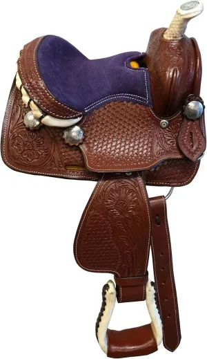 Traditional Western Mini Pony Trail Barrel Saddle 8" for Kids Youth Child Suede Seat Brown/Purple