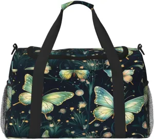 Travel Duffel Bag For Men Women, Green Butterflies Pattern Carry On Sport Gym Bag With Shoulder Strap Lightweight Waterproof Weekender Bag Overnight Bag