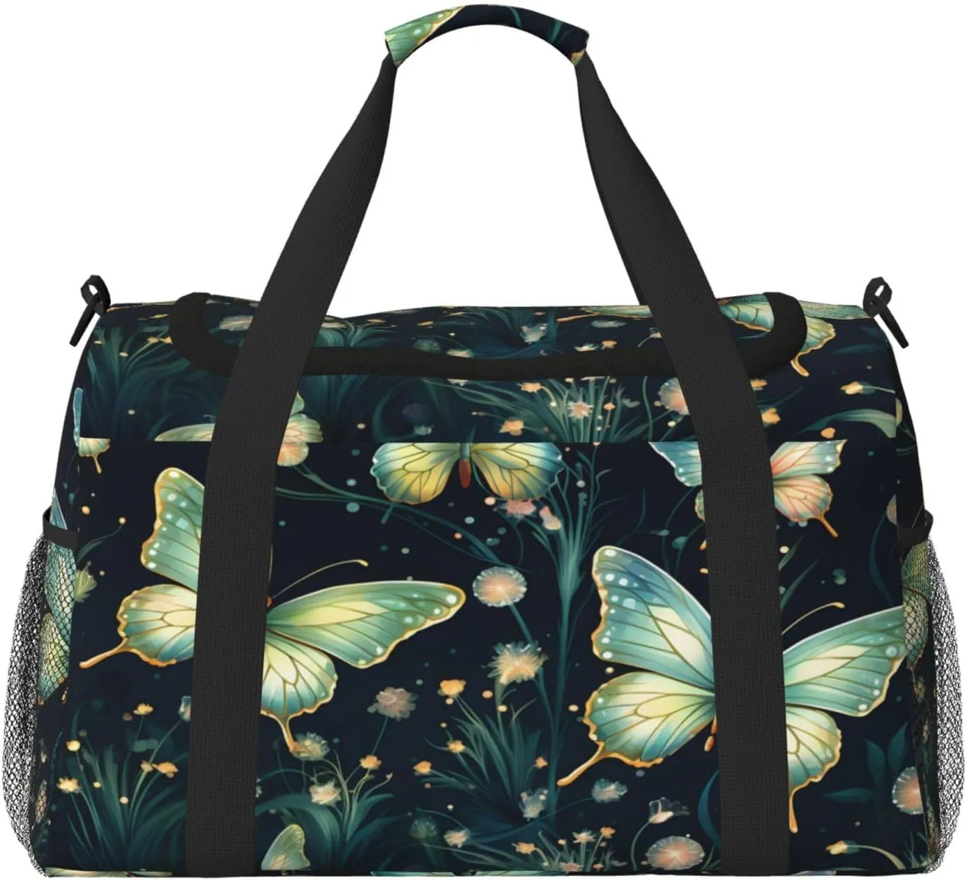 Travel Duffel Bag For Men Women, Green Butterflies Pattern Carry On Sport Gym Bag With Shoulder Strap Lightweight Waterproof Weekender Bag Overnight Bag