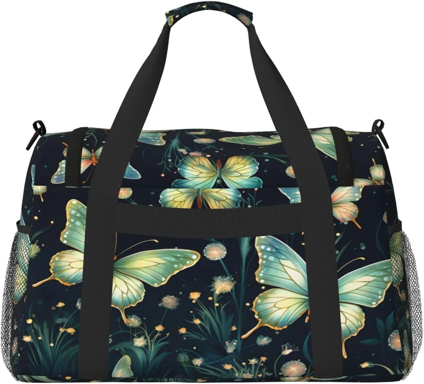 Travel Duffel Bag For Men Women, Green Butterflies Pattern Carry On Sport Gym Bag With Shoulder Strap Lightweight Waterproof Weekender Bag Overnight Bag