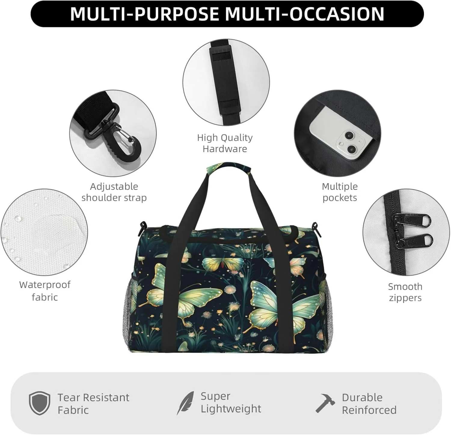 Travel Duffel Bag For Men Women, Green Butterflies Pattern Carry On Sport Gym Bag With Shoulder Strap Lightweight Waterproof Weekender Bag Overnight Bag