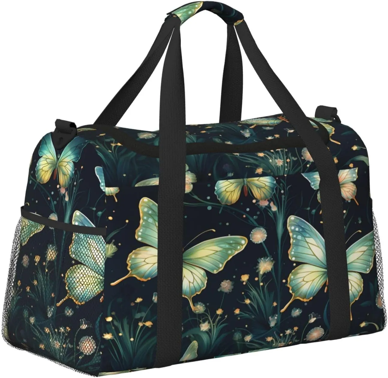 Travel Duffel Bag For Men Women, Green Butterflies Pattern Carry On Sport Gym Bag With Shoulder Strap Lightweight Waterproof Weekender Bag Overnight Bag