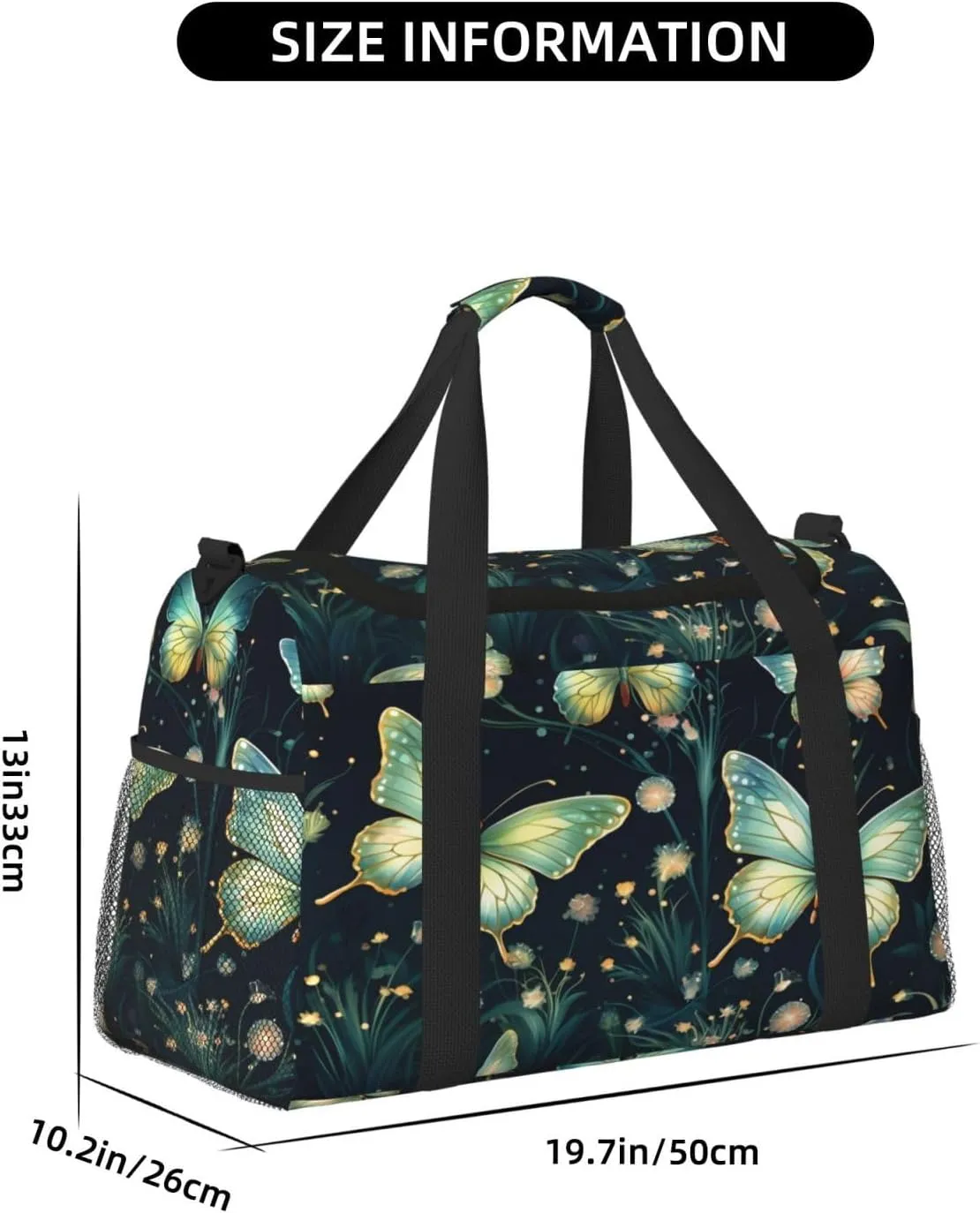 Travel Duffel Bag For Men Women, Green Butterflies Pattern Carry On Sport Gym Bag With Shoulder Strap Lightweight Waterproof Weekender Bag Overnight Bag