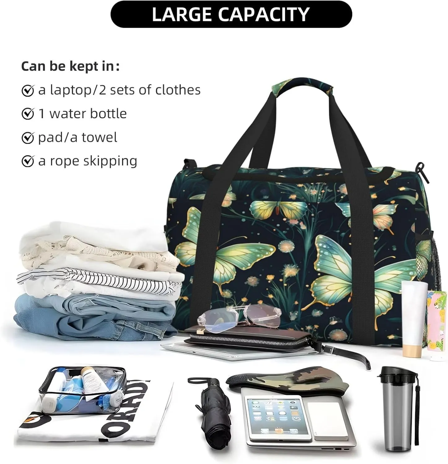 Travel Duffel Bag For Men Women, Green Butterflies Pattern Carry On Sport Gym Bag With Shoulder Strap Lightweight Waterproof Weekender Bag Overnight Bag