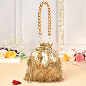 Trendy Bags Golden Beads Embellished Tasseled Potli