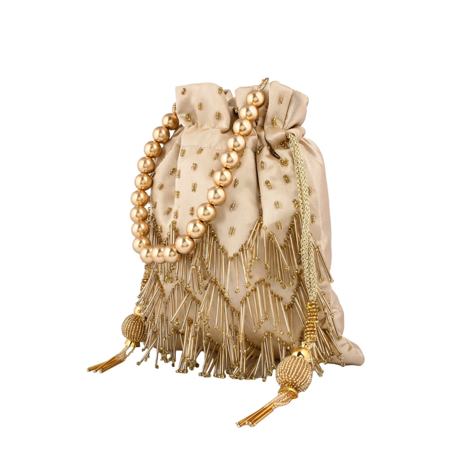 Trendy Bags Golden Beads Embellished Tasseled Potli