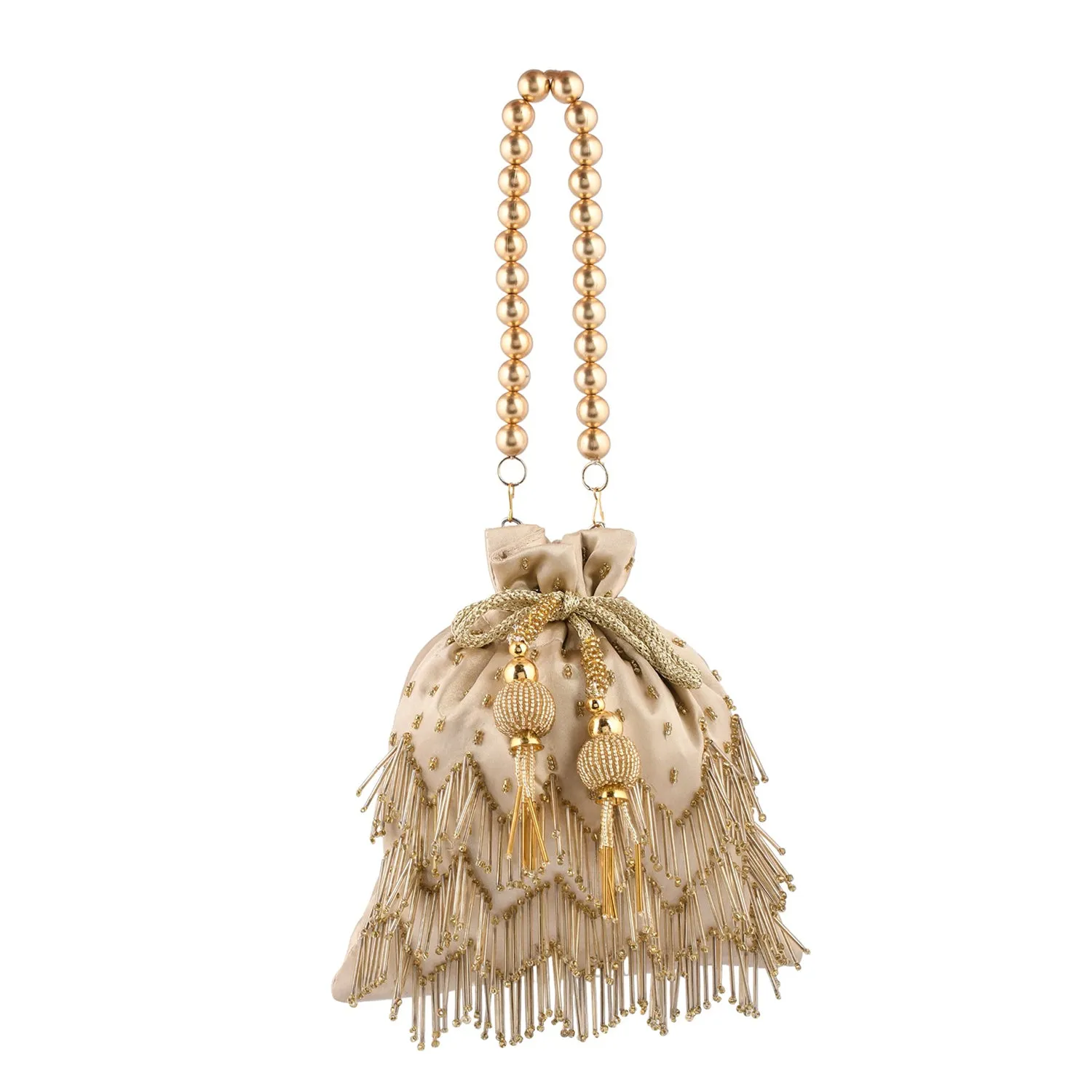 Trendy Bags Golden Beads Embellished Tasseled Potli