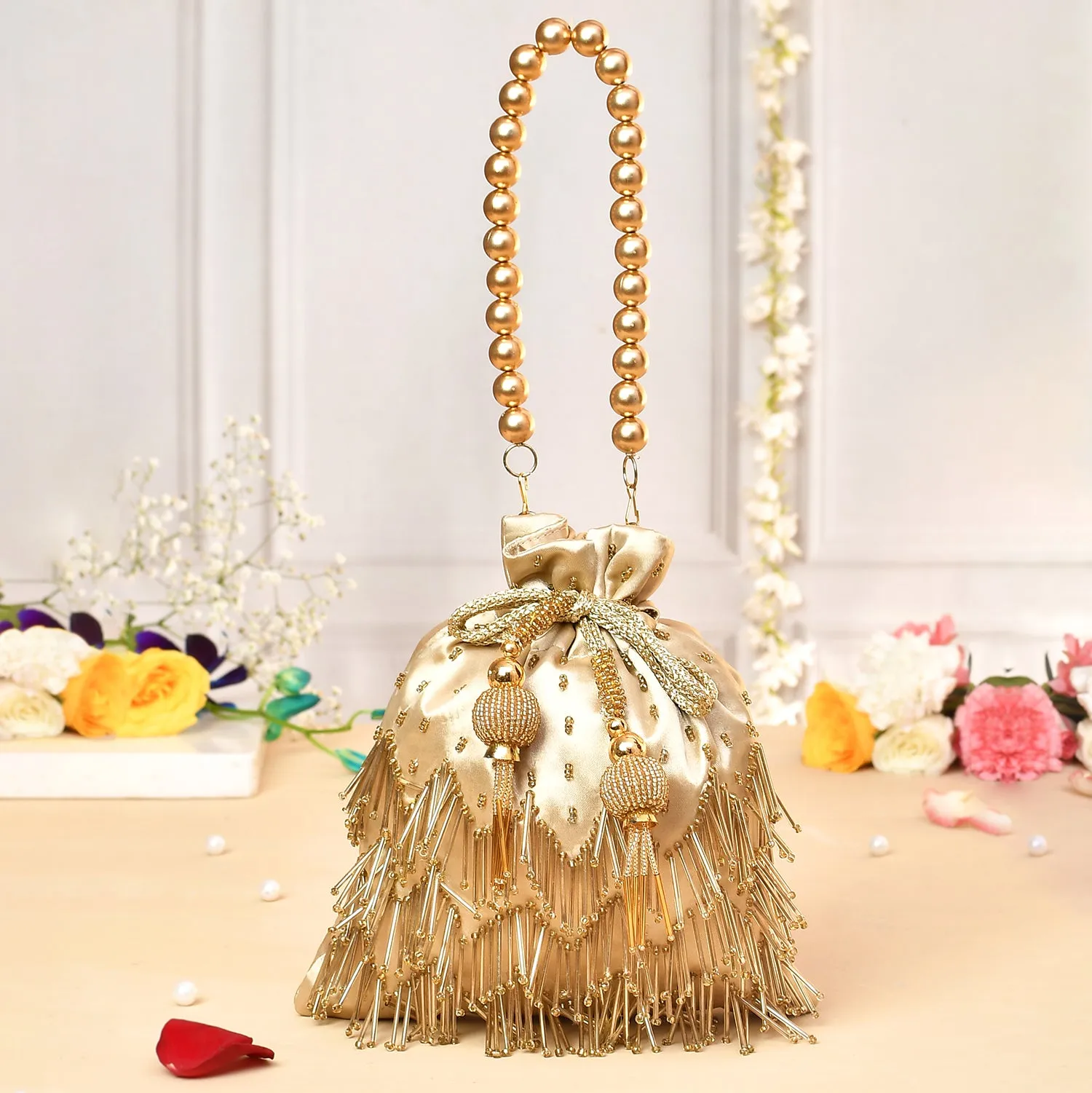 Trendy Bags Golden Beads Embellished Tasseled Potli