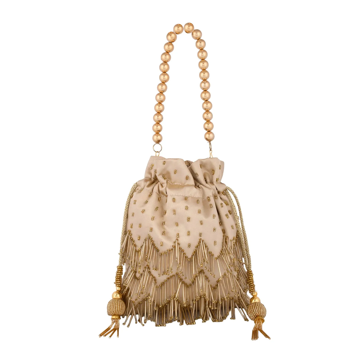 Trendy Bags Golden Beads Embellished Tasseled Potli