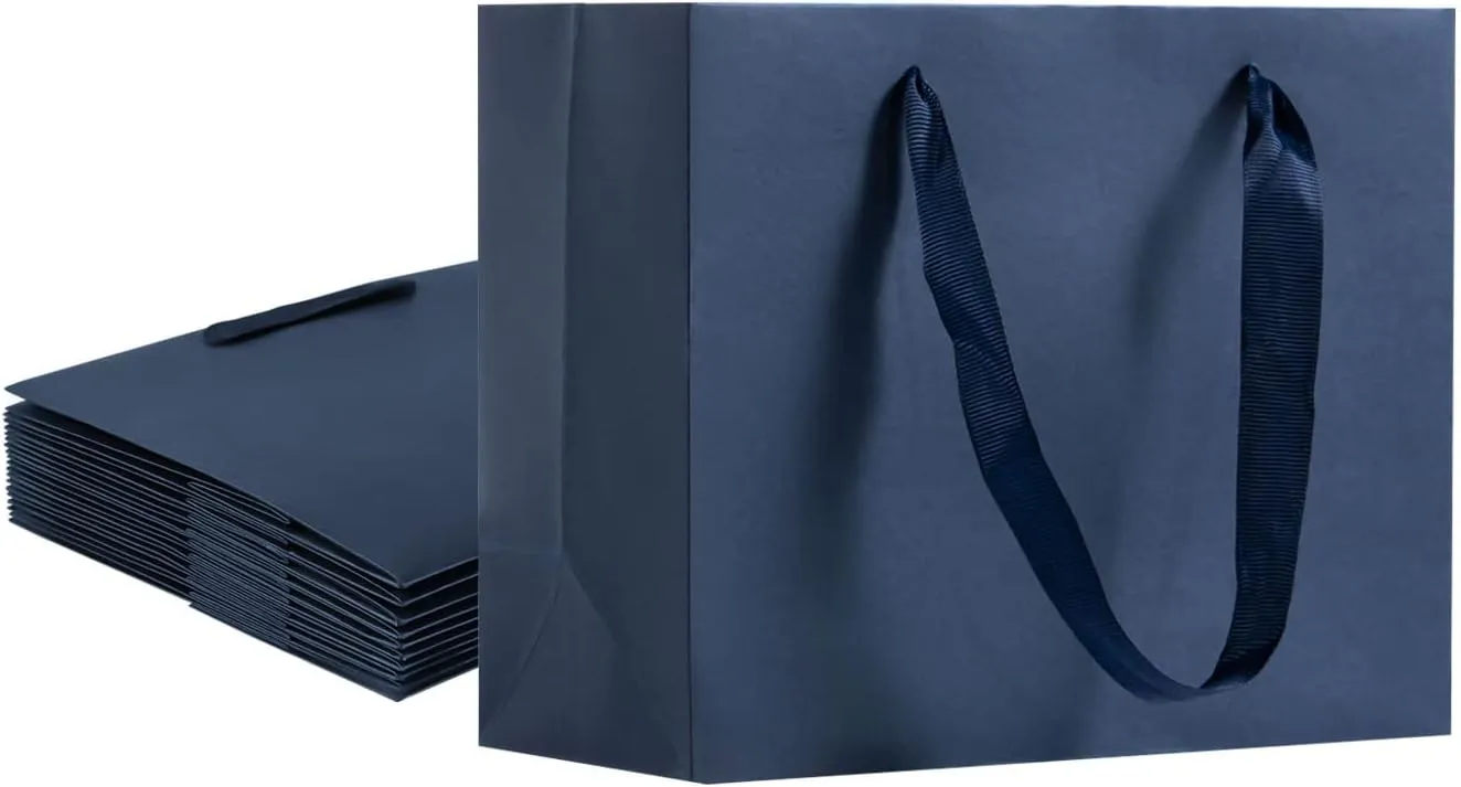 Umoonfine 12 Pack Navy Blue Paper Gift Bags with Handles - 8.7x3.9x7.1 Inches - Kraft Gift Bags for Wedding, Party, Shopping, Merchandise Business