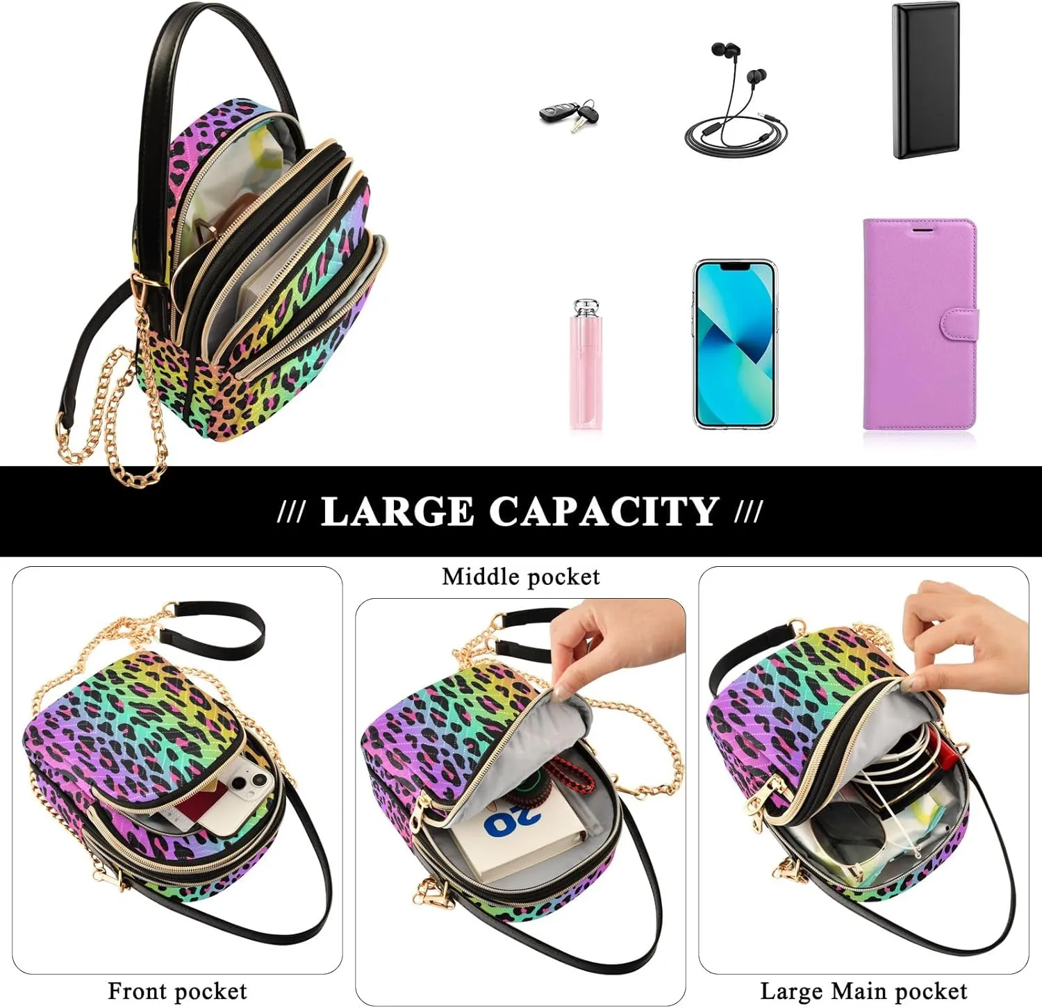 Unicorn Background with Rainbow Crossbody Handbags for Women Casual Leather Shoulder Phone Purse