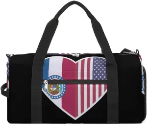 U.S. and Missouri Flags Funny Gym Bag Travel Duffel Bags Carry On Weekender Overnight Bag for Women Men