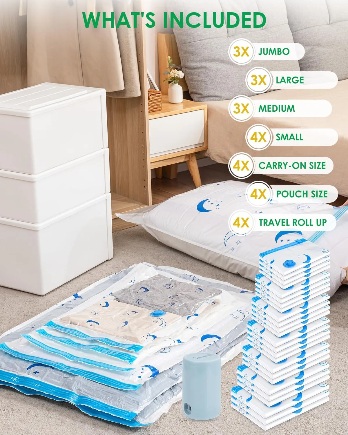 Vacuum Storage Bags with Electric Pump, 25 Pack Vacuum Sealed Bag with 1500mAh Rechargeable Battery for Clothes, Blanket, Duvets, Pillows, Comforters, Travel