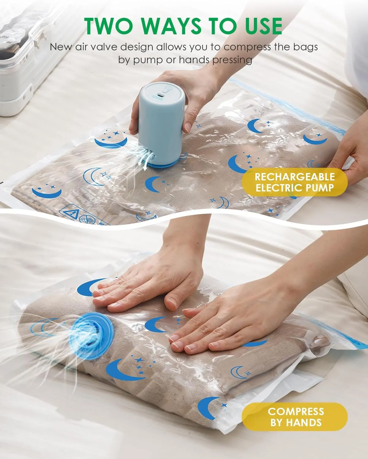 Vacuum Storage Bags with Electric Pump, 25 Pack Vacuum Sealed Bag with 1500mAh Rechargeable Battery for Clothes, Blanket, Duvets, Pillows, Comforters, Travel