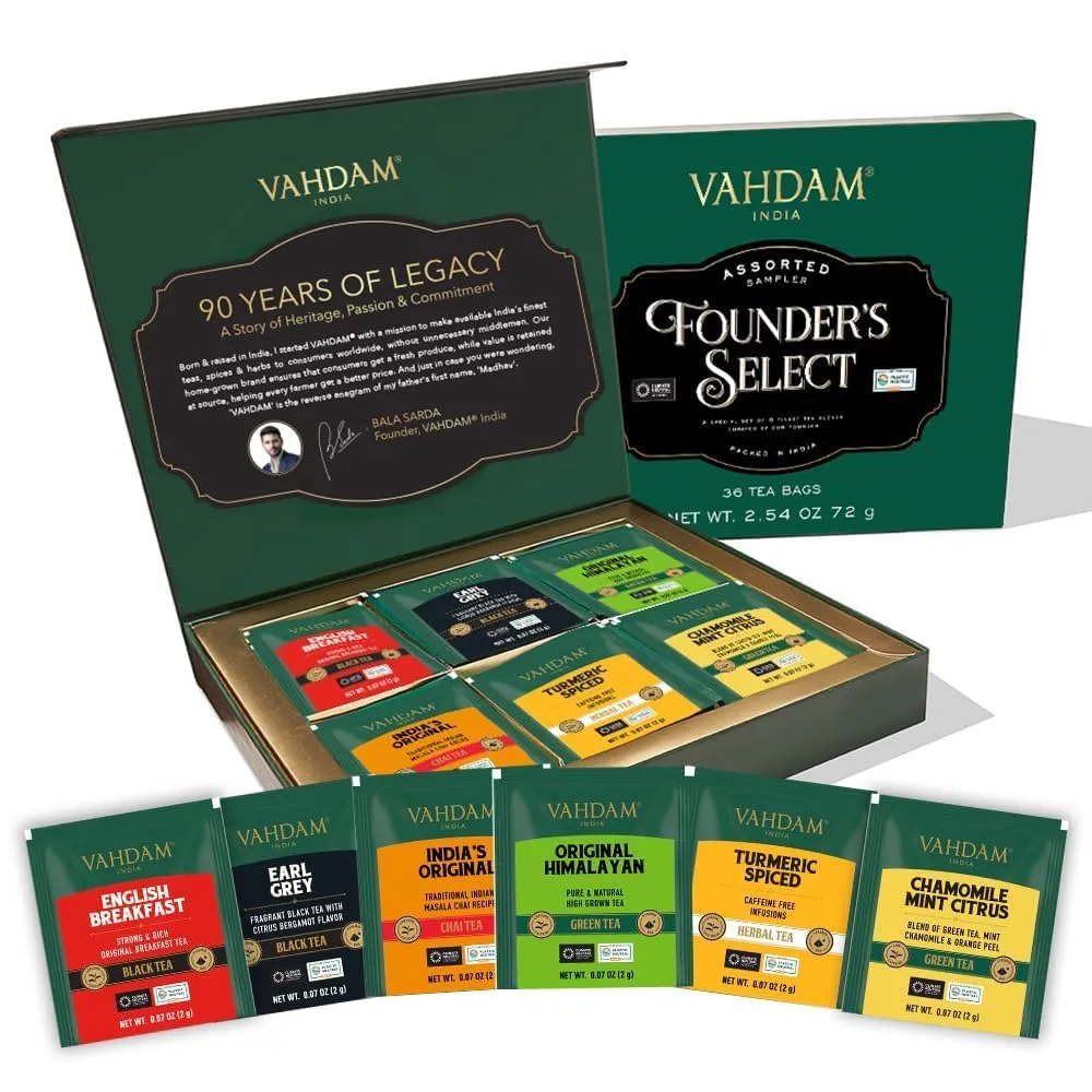 VAHDAM, Assorted Tea Gift Set (6 Varieties, 36 Tea Bags) - Variety Pack - Black, Green, Chai and Herbal Tea Sampler | Gifts Set for Lovers | Gifts for Women and Men