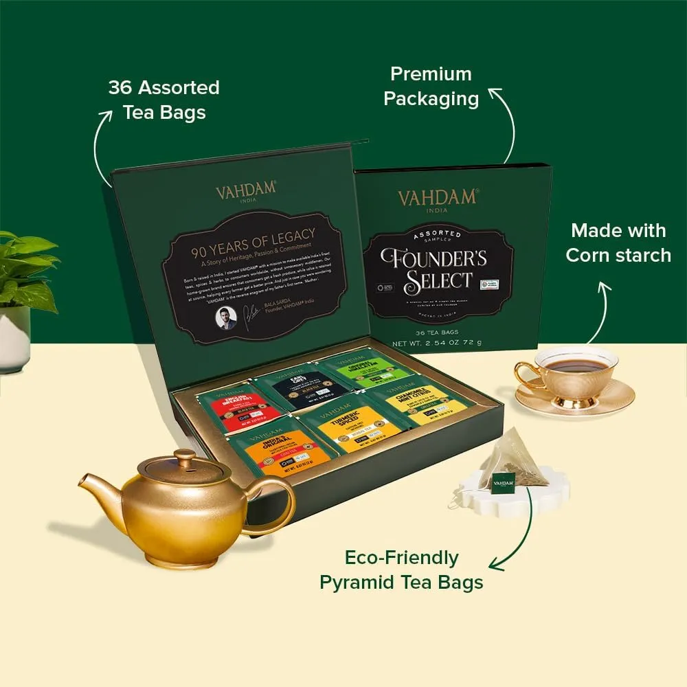 VAHDAM, Assorted Tea Gift Set (6 Varieties, 36 Tea Bags) - Variety Pack - Black, Green, Chai and Herbal Tea Sampler | Gifts Set for Lovers | Gifts for Women and Men