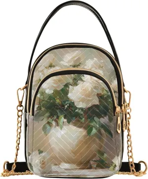 Vase White Roses Beige Multi Pockets Crossbody Bags for Women Zip Cell Phone Purse Wallet Bag with Detachable Shoulder Strap Small Crossbody Purse for Shopping Traveling Women Girls Trendy Gift