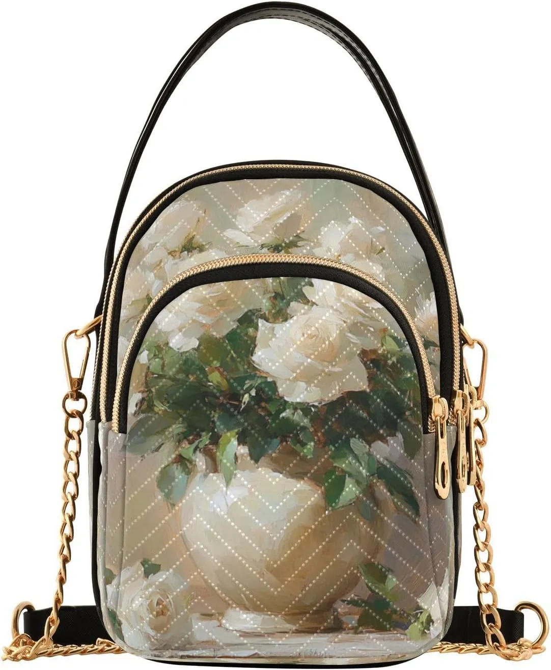 Vase White Roses Beige Multi Pockets Crossbody Bags for Women Zip Cell Phone Purse Wallet Bag with Detachable Shoulder Strap Small Crossbody Purse for Shopping Traveling Women Girls Trendy Gift