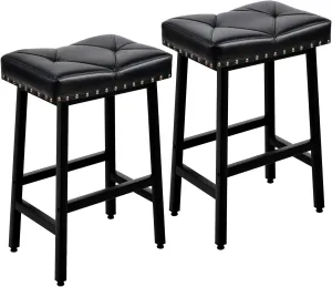 VECELO 25 inch Counter Height Stools for Kitchen Island, Bar Stools Set of 2, Kitchen Stools with 3.3'' Thick PU Upholstered Saddle Seats, Backless Barstools Bar Chairs with Metal Base, Black