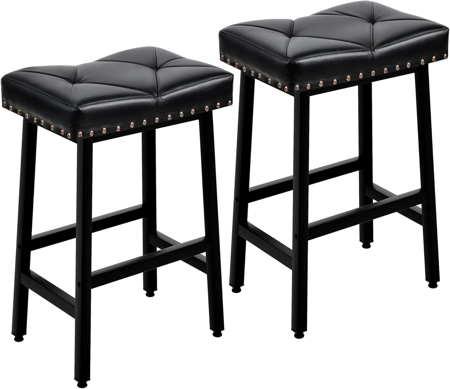 VECELO 25 inch Counter Height Stools for Kitchen Island, Bar Stools Set of 2, Kitchen Stools with 3.3'' Thick PU Upholstered Saddle Seats, Backless Barstools Bar Chairs with Metal Base, Black