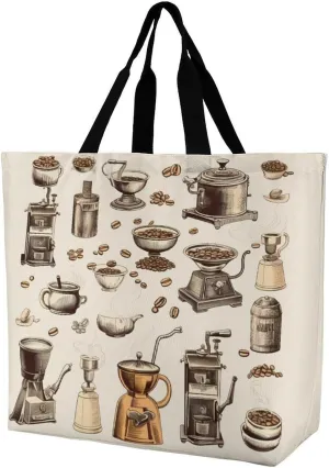 Vintage Coffee Grinding Machine Cup Large Tote Bag for Women Shoulder HandBag Shopping Purse for Travel Work Gym