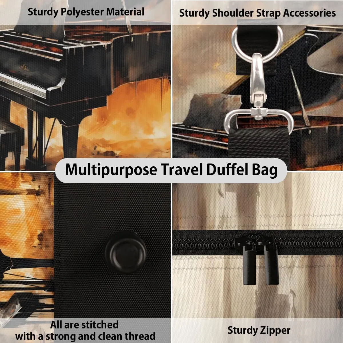 Vintage Piano Travel Duffel Bag for Women Men Waterproof Foldable Overnight Weekender Bag Large Capacity Sports Gym Bag