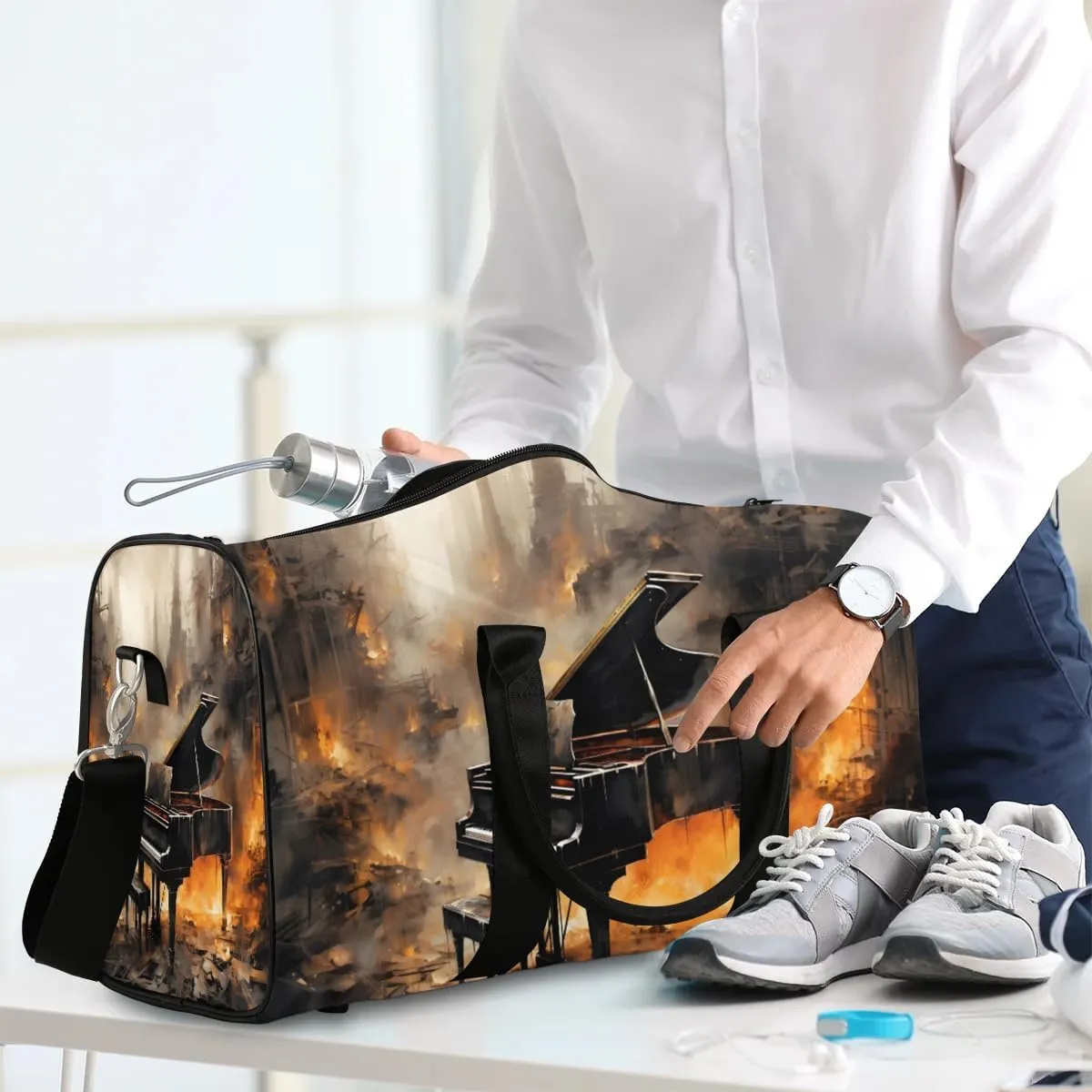 Vintage Piano Travel Duffel Bag for Women Men Waterproof Foldable Overnight Weekender Bag Large Capacity Sports Gym Bag