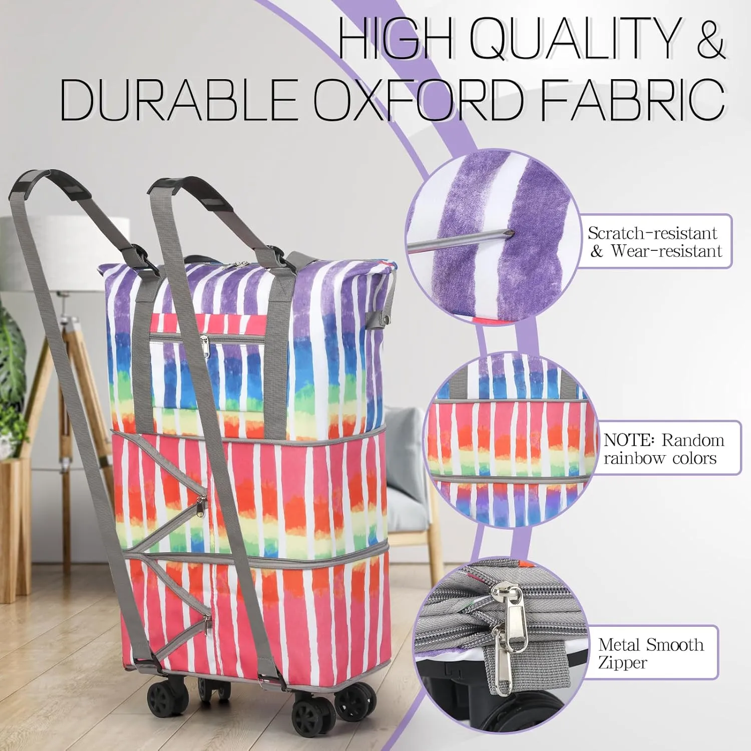 VOOWO Rolling Duffel Bag - Foldable Expandable Duffle With Wheels for Travel, Luggage Carry On, Large Backpack Weekend Bag for Men Women (Rainbow)