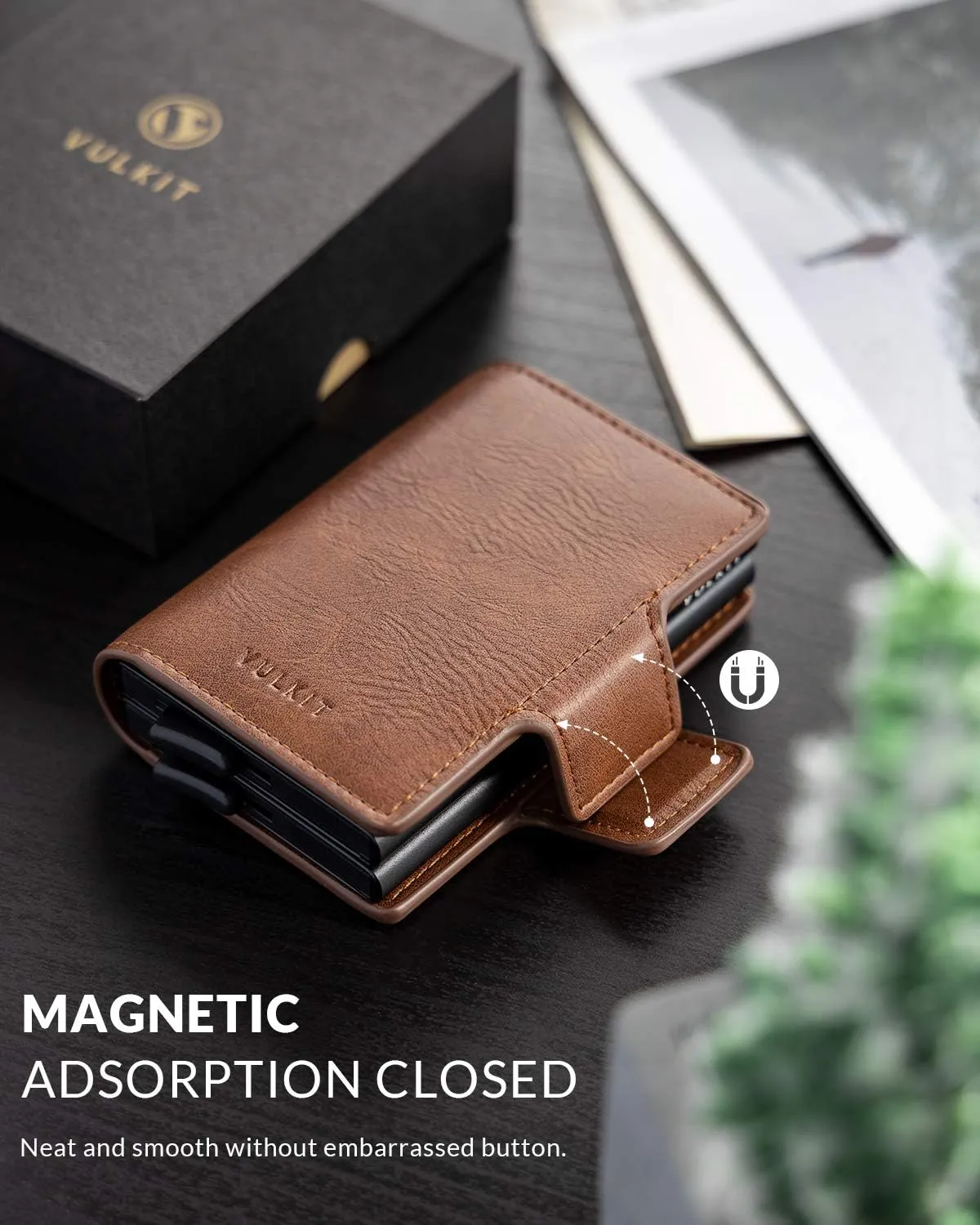 VULKIT Credit Card Holder RFID Blocking Leather Automatic Pop Up Wallet Magnetic Wallet Double Card Case for Men and Women