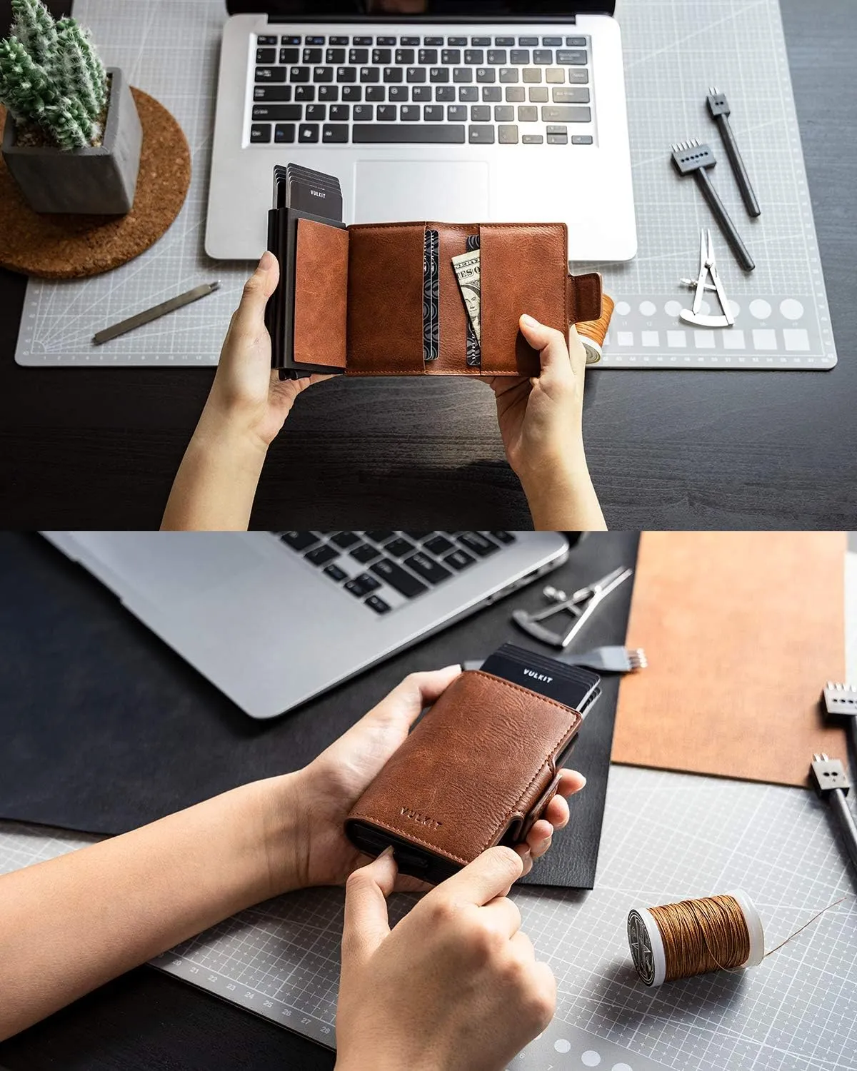 VULKIT Credit Card Holder RFID Blocking Leather Automatic Pop Up Wallet Magnetic Wallet Double Card Case for Men and Women