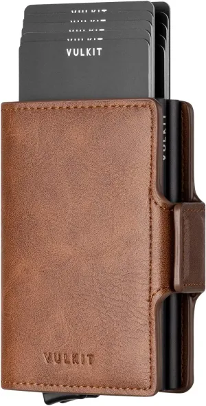 VULKIT Credit Card Holder RFID Blocking Leather Automatic Pop Up Wallet Magnetic Wallet Double Card Case for Men and Women