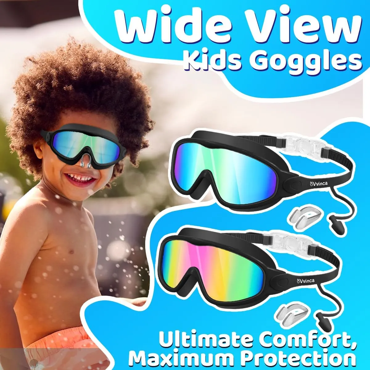 Vvinca Swim Goggles, Kids Goggles with Earplugs& Nose Clip Wide View Anti-Fog/UV Swimming Goggles for Age 3-15 Boys Girls