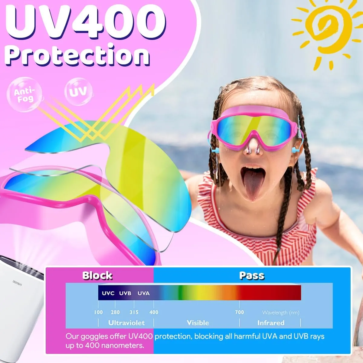 Vvinca Swim Goggles, Kids Goggles with Earplugs& Nose Clip Wide View Anti-Fog/UV Swimming Goggles for Age 3-15 Boys Girls