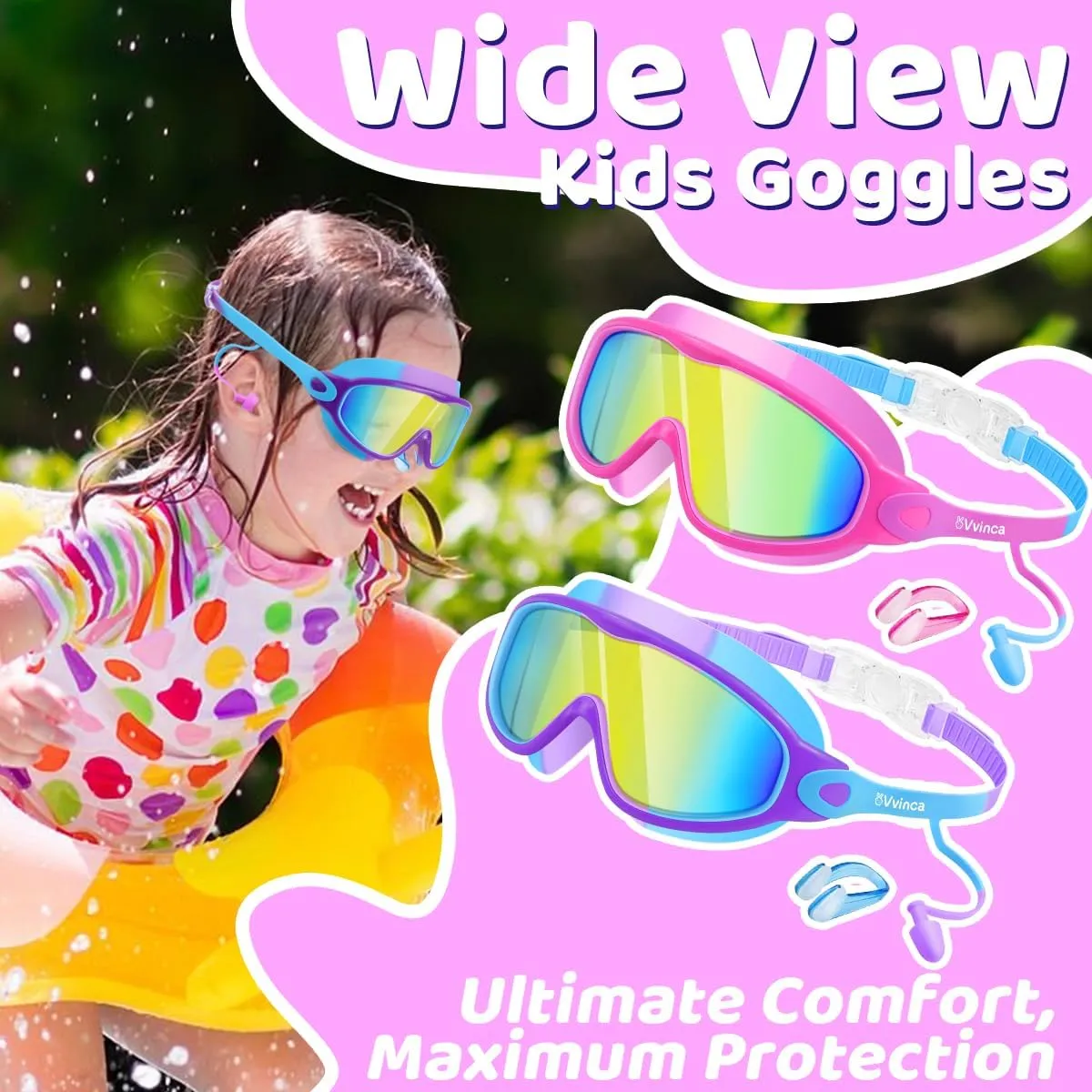 Vvinca Swim Goggles, Kids Goggles with Earplugs& Nose Clip Wide View Anti-Fog/UV Swimming Goggles for Age 3-15 Boys Girls
