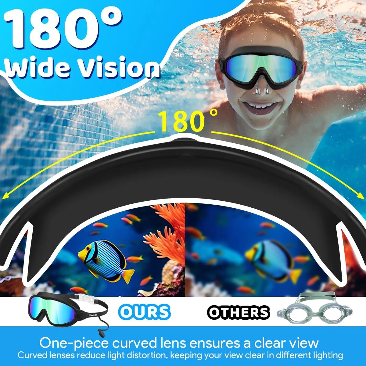Vvinca Swim Goggles, Kids Goggles with Earplugs& Nose Clip Wide View Anti-Fog/UV Swimming Goggles for Age 3-15 Boys Girls