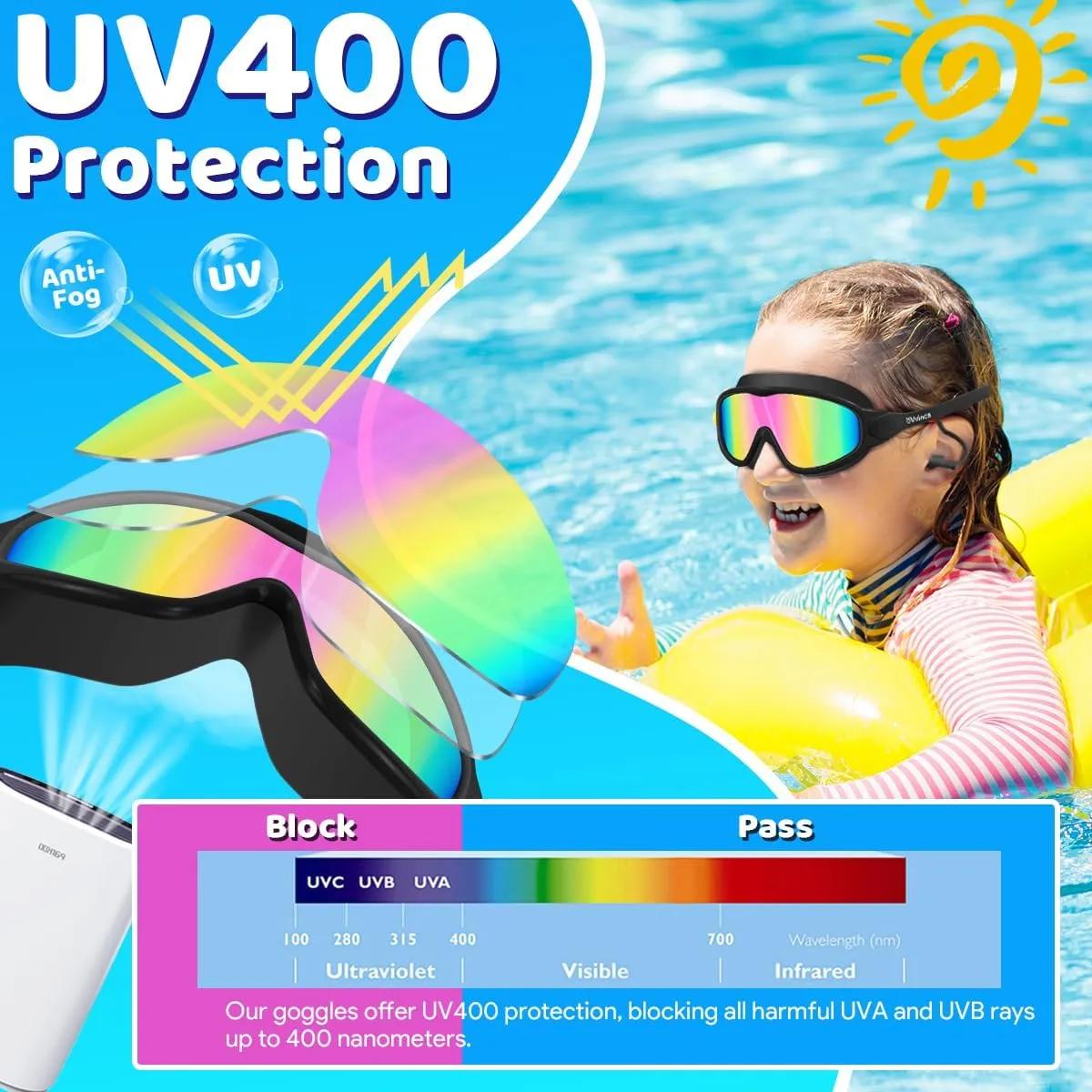 Vvinca Swim Goggles, Kids Goggles with Earplugs& Nose Clip Wide View Anti-Fog/UV Swimming Goggles for Age 3-15 Boys Girls