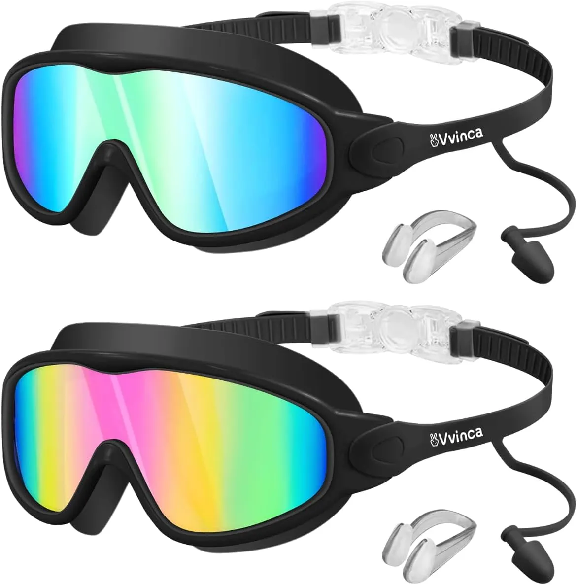 Vvinca Swim Goggles, Kids Goggles with Earplugs& Nose Clip Wide View Anti-Fog/UV Swimming Goggles for Age 3-15 Boys Girls