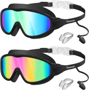 Vvinca Swim Goggles, Kids Goggles with Earplugs& Nose Clip Wide View Anti-Fog/UV Swimming Goggles for Age 3-15 Boys Girls